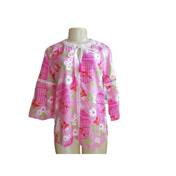 Spartina 449 Tops - Spartina 449 Pink Wren Bird Cage Linen Tunic Top w Tassle Closure in Size Small